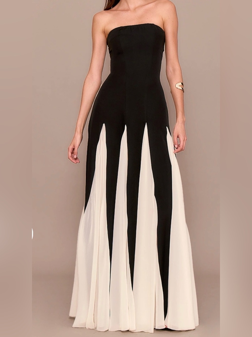 BLACK BANDEAU CONTRAST CHIFFON PLEATED MAXI DRESS